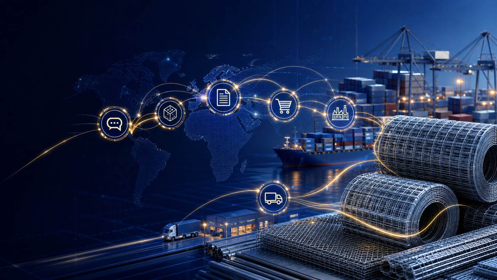 Concept illustration of wire mesh, shipping, and global business coordination